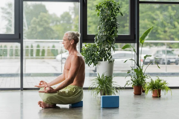 Shirtless man sitting in lotus pose on yoga foam block and doing gyan mudra — Stock Photo
