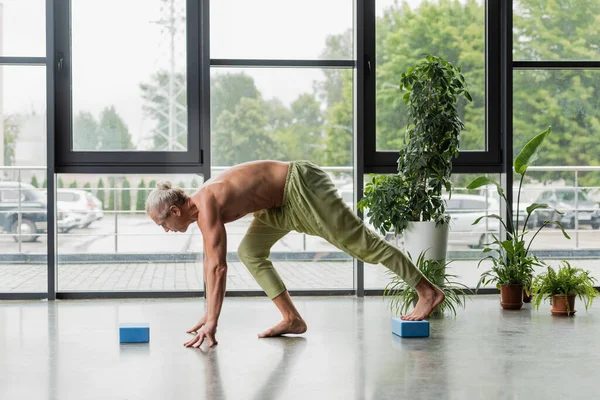 Vista laterale di uomo senza maglietta e dai capelli grigi praticare yoga vicino blocchi di schiuma — Foto stock
