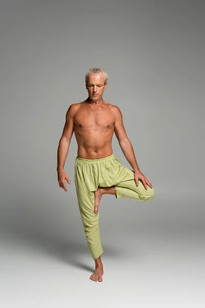 Full length of barefoot man in pants standing on one leg in balance yoga pose on grey — Photo de stock