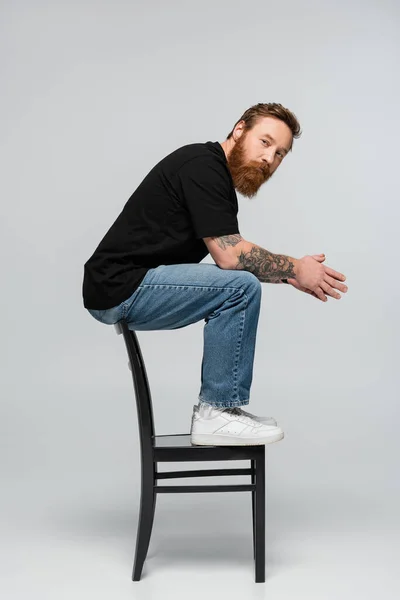 Longitud completa del hombre barbudo en jeans sentados en la silla y mirando a la cámara sobre fondo gris - foto de stock