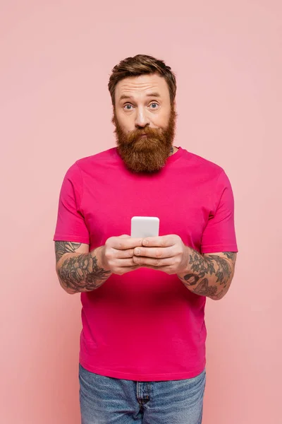 Discouraged bearded man in magenta t-shirt holding mobile phone and looking at camera isolated on pink — Stock Photo