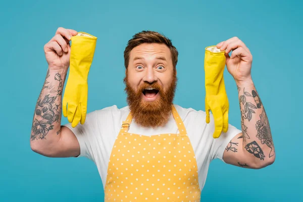 Amazed tattooed man in apron showing yellow rubber gloves while looking at camera isolated on blue — Stock Photo
