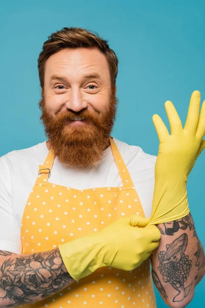 Joyeux homme barbu en tablier à pois portant des gants en caoutchouc jaune et regardant la caméra isolée sur bleu — Photo de stock