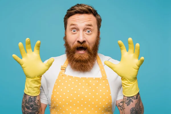 Excited bearded man in apron and yellow rubber gloves showing scaring gesture isolated on blue — Stock Photo