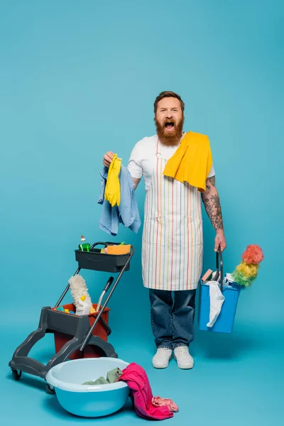 Hombre barbudo estresado en delantal rayado gritando cerca de lavandería y artículos de limpieza sobre fondo azul - foto de stock