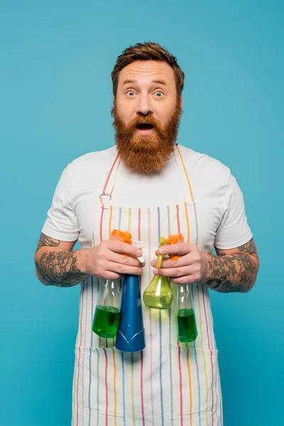Hombre barbudo emocionado en delantal rayado sosteniendo diferentes botellas de aerosol y mirando a la cámara aislada en azul - foto de stock