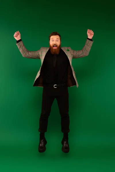 Волнующий бородатый мужчина в клетчатой куртке с клевером прыгает на зеленом фоне — стоковое фото
