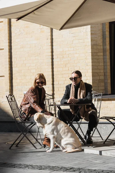 Happy woman in stylish sunglasses cuddling labrador near tattooed boyfriend while sitting in outdoor cafe — Fotografia de Stock