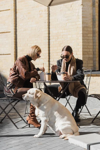 Happy couple eating asian food near coffee to go while sitting with labrador in outdoor cafe — Stock Photo