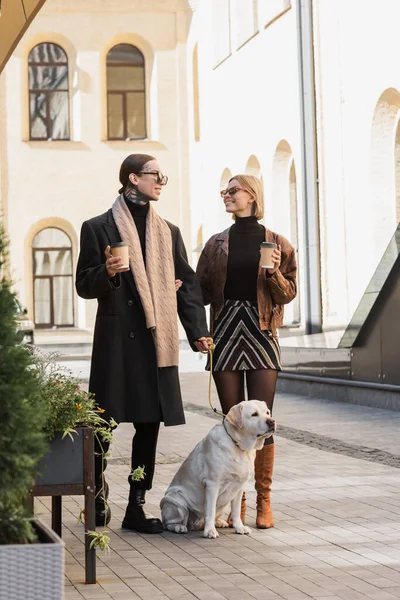 Full length of cheerful couple in stylish sunglasses holding paper cups while walking with dog — Photo de stock