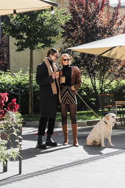 Full length of stylish couple in sunglasses holding paper cups while walking with labrador near outdoor cafe — Stock Photo