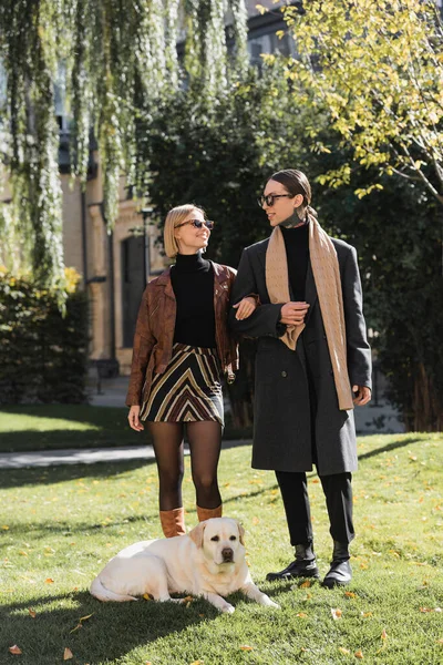 Full length of cheerful couple in sunglasses walking with labrador in park — Stock Photo