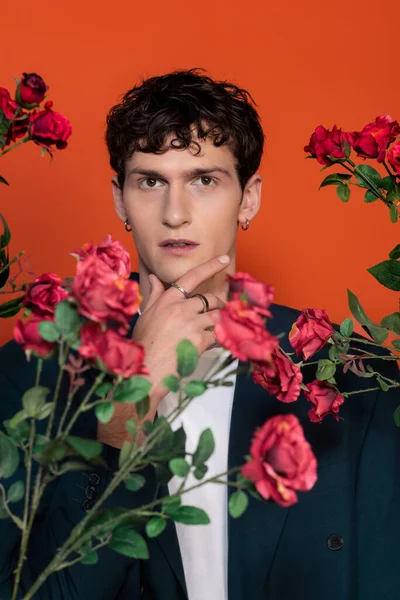 Retrato de hombre elegante tocando la barbilla cerca de rosas aisladas en rojo - foto de stock