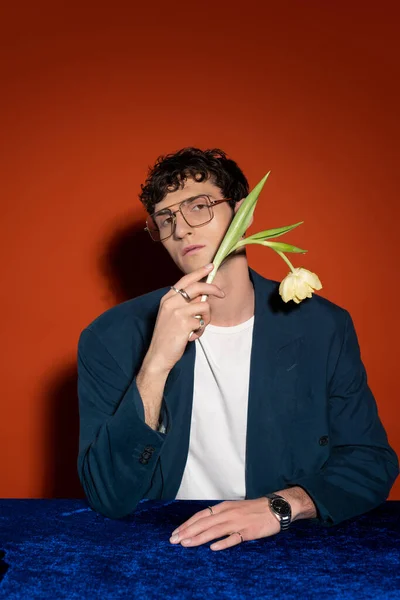 Young man in stylish outfit and eyeglasses holding tulip on red background — Stock Photo