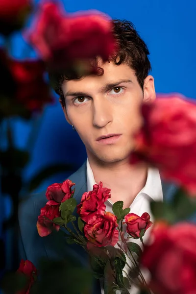 Trendy young man looking at camera near flowers on blue background - foto de stock