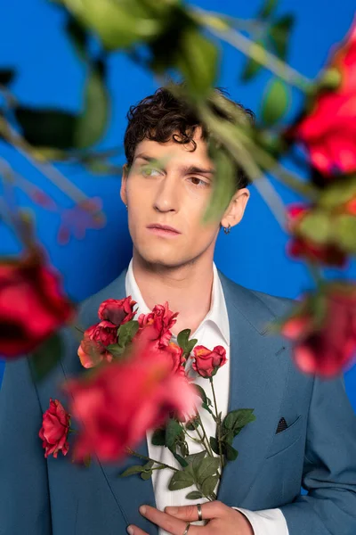 Young model in jacket and shirt holding rose flowers on blue background — Photo de stock