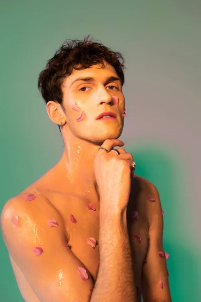 Shirtless man with floral petals on skin looking at camera on colorful background — Fotografia de Stock