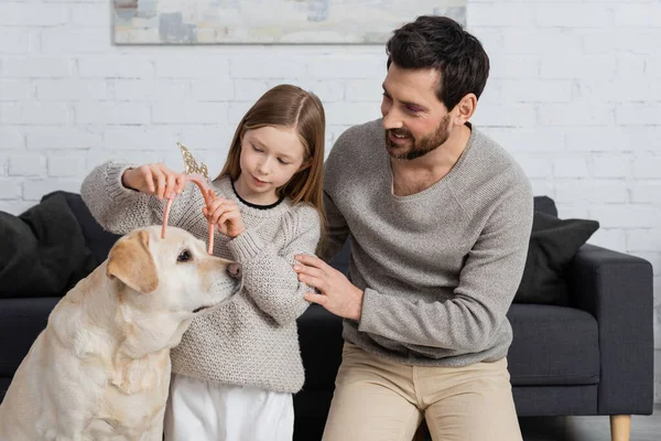 Happy girl wearing toy crown on head of labrador near father in living room — Stock Photo