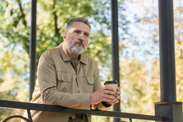 Mann mittleren Alters hält Kaffee, um auf Brücke im Frühlingspark zu gehen — Stockfoto