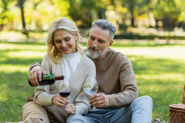 Бородатий чоловік середнього віку наливає червоне вино в келих біля радісної дружини під час пікніка в парку — стокове фото