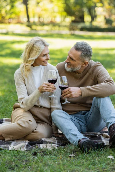 Happy middle aged couple clinking glasses with red wine during picnic in park — Stock Photo