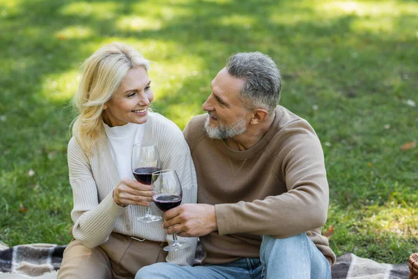 Pareja de mediana edad llena de alegría tintineando vasos con vino tinto durante el picnic en el parque verde - foto de stock
