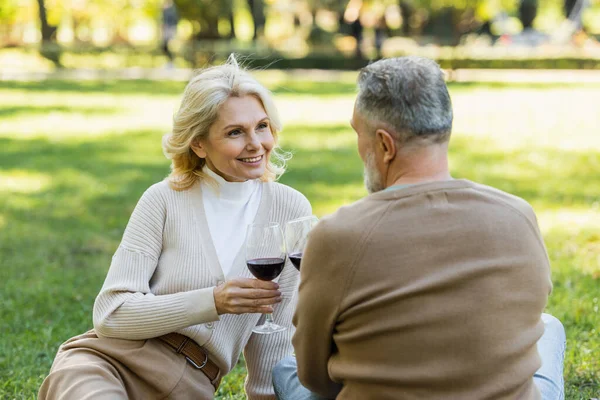 Pleased middle aged couple clinking glasses with red wine during picnic in green park — Stock Photo