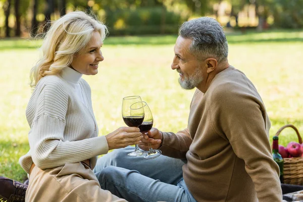 Vista lateral de la feliz pareja de mediana edad tintineo vasos con vino tinto en el parque verde - foto de stock
