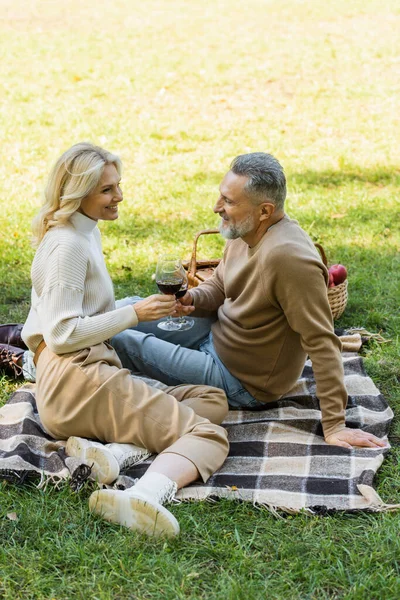 Happily married mature couple clinking glasses with red wine during picnic in green park — Stock Photo
