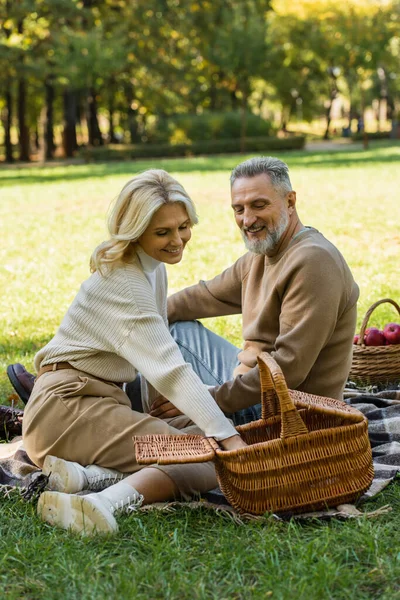 Happy middle aged woman reaching food in picnic basket near cheerful husband in park — Stock Photo