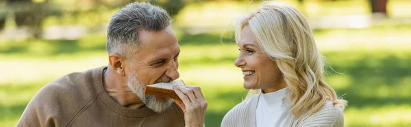 Happy middle aged woman feeding bearded husband with tasty sandwich, banner — Stock Photo