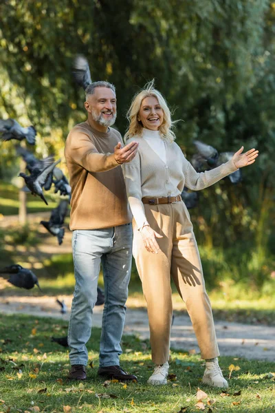 Full length of happy middle aged couple standing near flying pigeons in park — Stock Photo