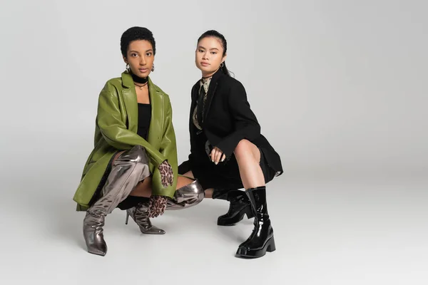 Mujeres multiétnicas de moda posando y mirando a la cámara sobre fondo gris - foto de stock