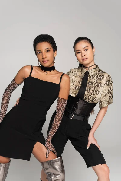 Mulheres multiétnicas na moda olhando para a câmera enquanto posando em roupas com animais imprime isolado em cinza — Fotografia de Stock