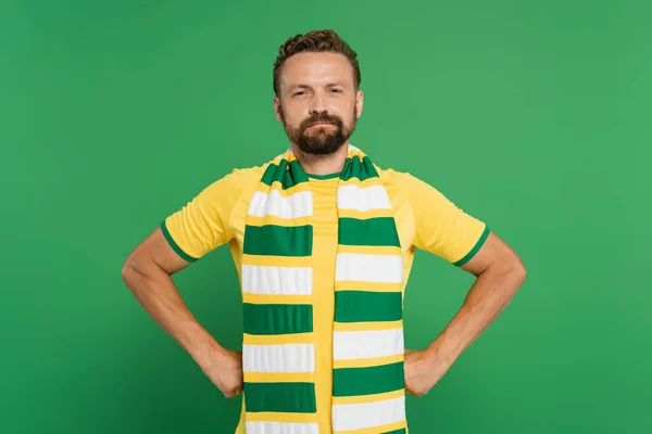 Бородатый футбольный болельщик в полосатом шарфе и желтой футболке стоя с руками на бедрах изолированы на зеленый — стоковое фото
