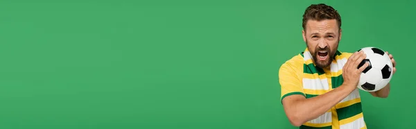 Ventilateur de football émotionnel en écharpe rayée et t-shirt jaune tenant le football isolé sur vert, bannière — Photo de stock
