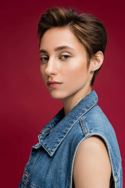 Очаровательная молодая модель с короткими волосами, позирующая в джинсовой жилетке на бордовом фоне — стоковое фото