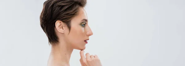 Профиль молодой женщины с ярким макияжем касательно подбородка изолирован на сером, баннер — стоковое фото