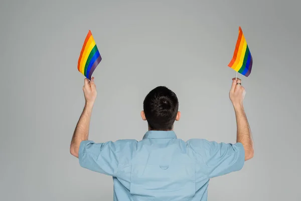 Voltar visão de morena gay homem segurando bandeiras lgbt isolado no cinza, Dia Internacional contra a homofobia — Fotografia de Stock
