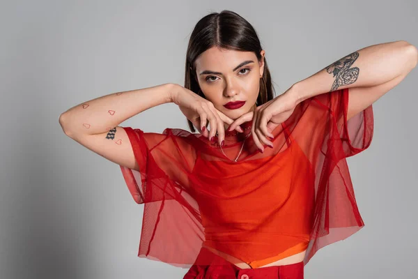 Generation z, portrait of tattooed and brunette young woman with short hair and nose piercing posing in transparent blouse on grey background, modern style, fashion look, red outfit — Stock Photo
