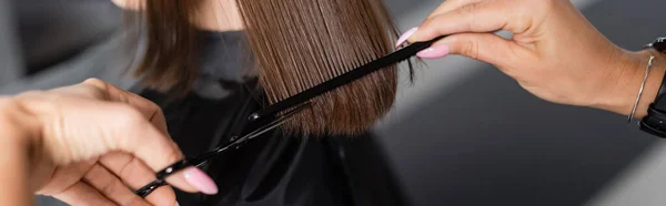 Haircut, cropped view of hairdresser cutting short brunette hair of female client, holding scissors and comb, professional, beauty worker, hairdo, salon job, salon customer, banner — Stock Photo