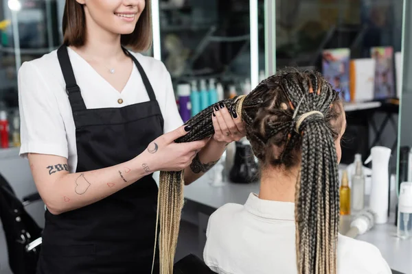 Happy hairdresser and client, beauty salon, tattooed hair stylist doing hair of woman with braids, two ponytails, customer satisfaction, beauty worker, professional, hair fashion, cropped — Stock Photo