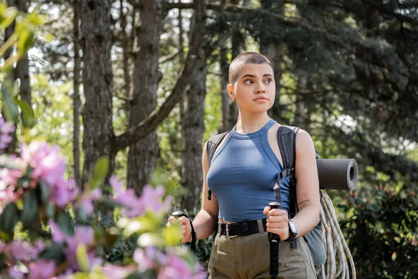 Молода короткошерста і татуйована жінка з рюкзаком і туристичним обладнанням, що тримає пішохідні полюси під час ходьби в зеленому лісі, знову з'єднуючись з собою в природі концепції, літо — стокове фото