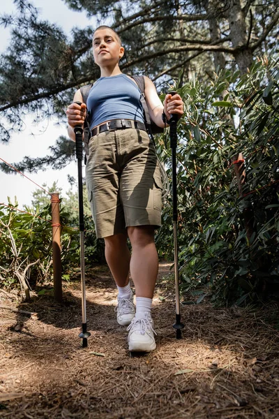Amplia vista angular de una joven excursionista de pelo corto sosteniendo bastones de trekking mientras camina por el sendero en un borroso bosque verde de verano, senderismo para el concepto de salud y bienestar. - foto de stock