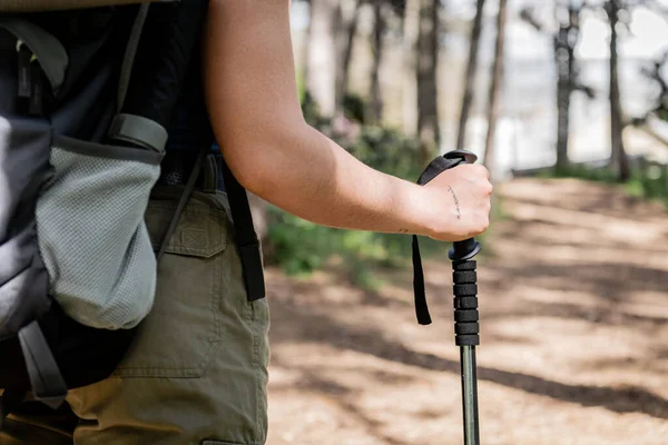 Cropped view of young tattooed female tourist with backpack holding trekking pole while walking on blurred summer forest at background, hiking for health and wellness, Translation of tattoo: love — Stock Photo