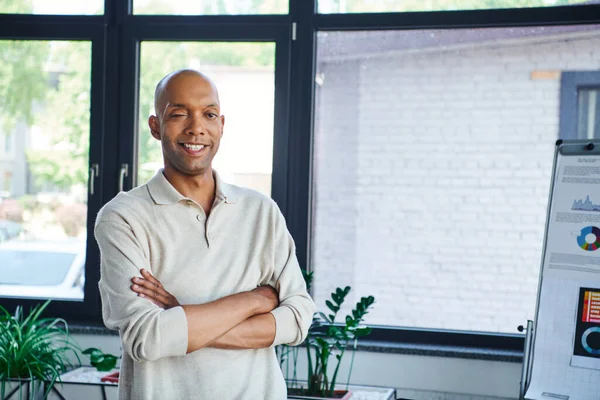 Professional headshots, happy african american businessman with eye syndrome looking at camera and standing with folded arms, myasthenia gravis, dark skinned and bold office worker — Stock Photo