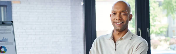 Professional headshots, happy african american businessman with eye syndrome looking at camera and standing with folded arms, myasthenia gravis, dark skinned and bold office worker, banner — Stock Photo