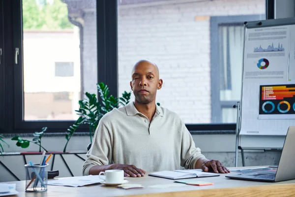 Chronic illness, bold african american businessman with eye syndrome looking at camera near laptop on desk, myasthenia gravis, dark skinned office worker, diversity and inclusion, entrepreneurship — Stock Photo