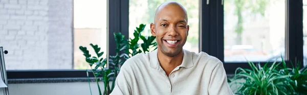 Professional headshots, happy man with ptosis, eye syndrome, bold african american businessman looking at camera, dark skinned office worker with myasthenia gravis disease, inclusion, banner — Stock Photo