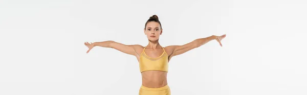 Active life, energetic woman in fitness clothing on white background, motivation, aerobics, banner — Stock Photo